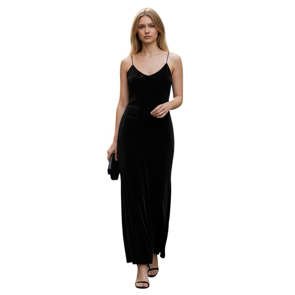Ann Taylor LOFT Velvet Maxi Dress 4P Black Cowl Neck Spaghetti Strap Column